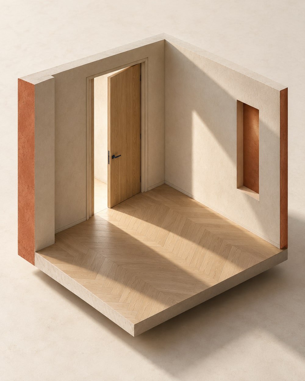 Architektonische Raumstudie mit Holztür und warmen Materialien